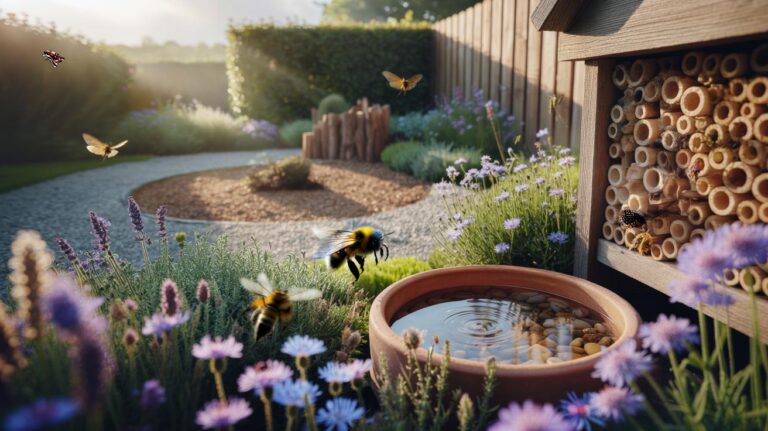 Illustration of a pollinator-friendly UK garden corner with layered blooms, bees and butterflies, a pebble-filled water dish, a bee hotel, and native hedging for shelter