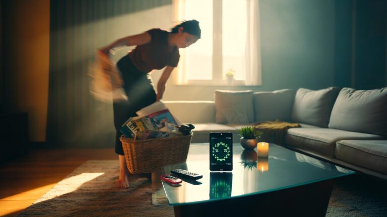 Illustration of a five-minute room reset with a timer, a person sweeping clutter into a basket, and clear, aligned surfaces creating an instantly organised living space