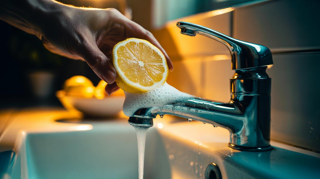 Illustration of a hand rubbing a halved lemon on a chrome tap to dissolve limescale and restore shine