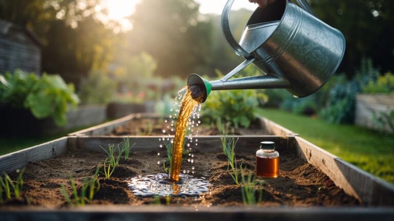 Illustration of liquid seaweed extract being mixed into a watering can and applied to the base of plants to promote healthier roots