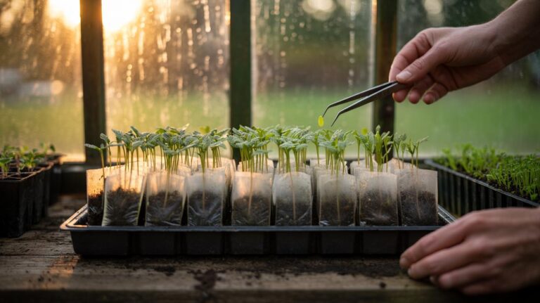 Illustration of seeds germinating on damp used tea bags in a propagator tray
