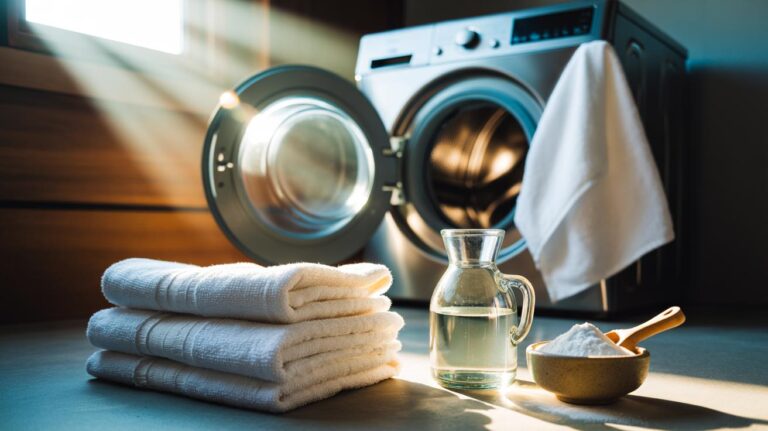 Illustration of the two-step method using distilled white vinegar and bicarbonate of soda in separate washes to remove musty smells from towels