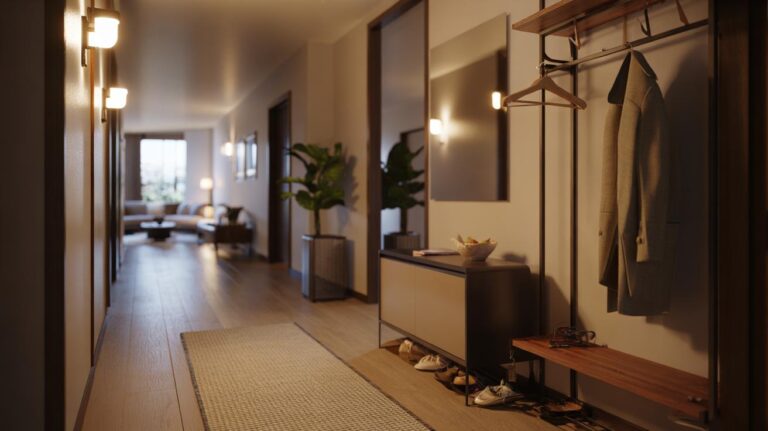 Illustration of a tidy, well-lit hallway with clear sightlines, closed shoe storage, a simple drop zone, and a mirror enhancing the sense of space