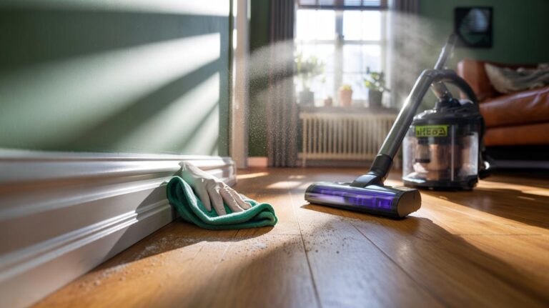Illustration of cleaning baseboards to improve indoor air quality