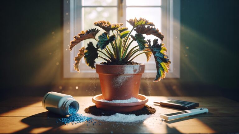 Illustration of an overfed potted plant showing leaf tip burn, dark clawed foliage, and white salt crust on the soil from excess fertiliser