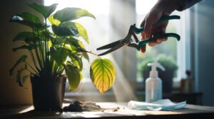 Illustration of trimming yellow leaves from a houseplant to reduce plant stress