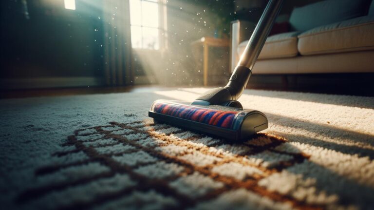Illustration of a vacuum cleaner making overlapping crosshatch passes on a carpet to lift more embedded dirt